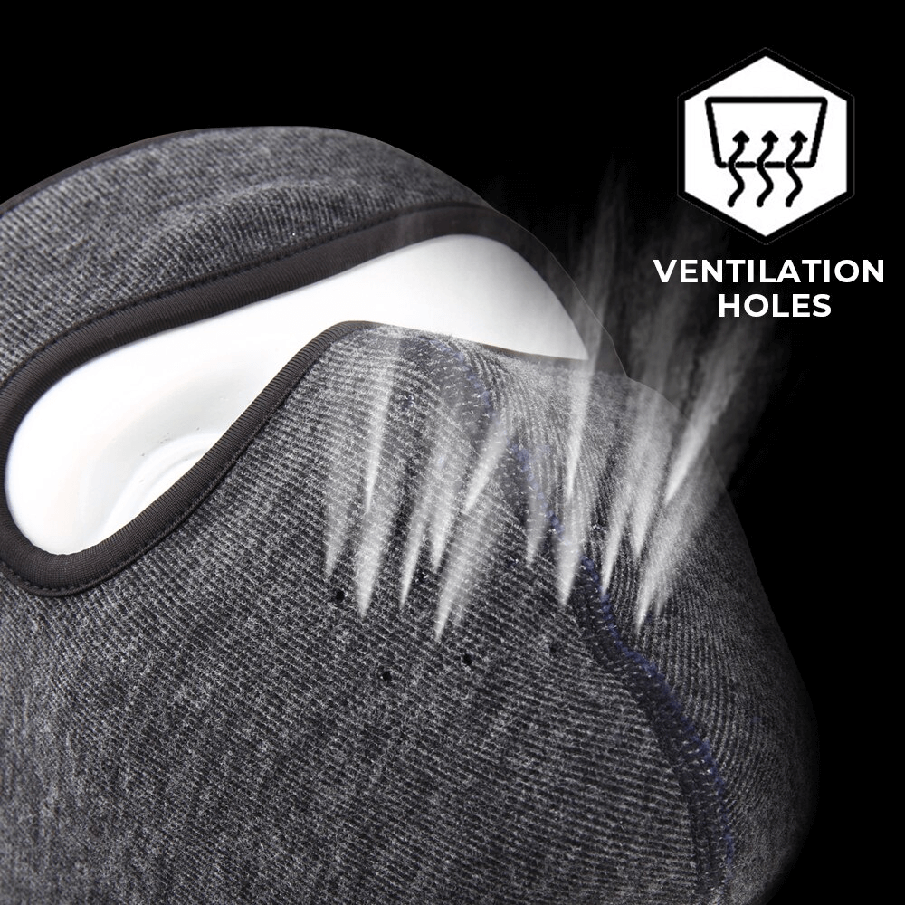 Fleece sports windproof face mask SF0730 with ventilation holes for breathability, adjustable fastener, and UV protection.